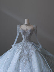 Princess Ball Gown Scoop Neckline Long Sleeves Sequin Light Sky Blue Long Wedding Dresses Brides Dress