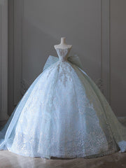 Princess Ball Gown Strapless Neckline Long Sequin Light Sky Blue Long Wedding Dresses Brides Dress