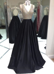 Elegant A-Line/Princess Satin Black Beaded V Neck 2025 Prom Dresses