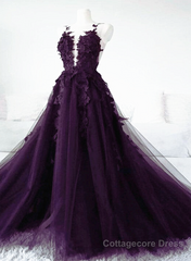 Dark Purple Tulle With Lace Applique Long Wedding Party Dress, Purple Formal Dress