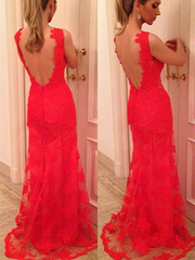 Custom Made V Neck Back Mermaid Backless Red Lace Prom Dresses, Red Lace Formal Dresses