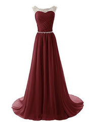 A Line Round Neckline Maroon Long Prom Dresses 2016, Long Formal Dresses