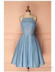 Sky Blue A Line Satin Blue Spaghetti Straps Short Prom Dresses