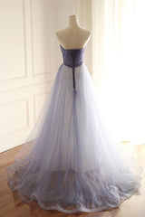 Stylish A Line Strapless Tulle Long With Beading Prom Dresses