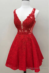 Cute Red Lace Appliques Short V Neck Sleeveless Mini Dc14 Prom Dresses