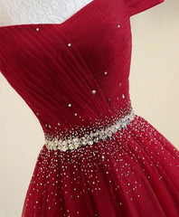 A Line Burgundy Off The Shoulder Lace Up Tulle Sweetheart Long Prom Dresses