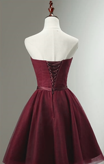 Beautiful Burgundy Knee Length Lace Up Tulle Party Dress, Homecoming Dress, Short Prom Dress