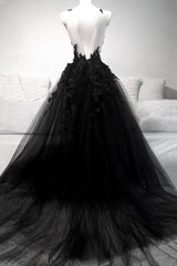 Black Tulle Long Prom Dresses, A-Line Lace Evening Party Dresses