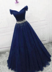 Dark Blue Beaded Tulle A Line Party Dress, Long Prom Dress