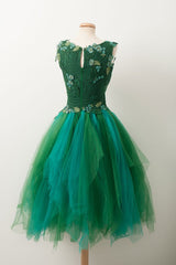 Unique V Neck Green Tulle Lace Short Prom Dress, Green Homecoming Dress