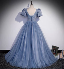 Blue Tulle Long Prom Dress, A Line Evening Gown