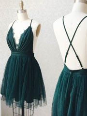 Green Tulle Lace Short Prom Dress, Green Tulle Lace Homecoming Dress