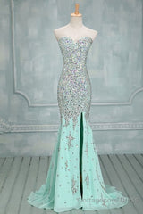 High Quality Mermaid Rhinestones Long Sexy Sweetheart Front Split Mint Chiffon Trumpet 2024 Prom Dresses