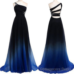 One Shoulder Navy Blue Royal Blue Ombre Gradient Color Chiffon Long Ombre For Sweet 16 Prom Dresses