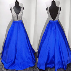 New Arrival Prom Dress, Modest Prom Dress, Long Satin V Neck Royal Blue Prom Dresses, Ball Gowns 2025