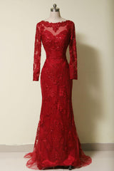 Elegant Long Sleeves Red Lace Mermaid Prom Dress, 2025 Party Dress, Evening Dress, 2025