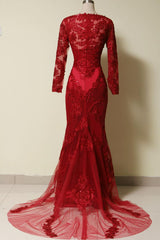 Elegant Long Sleeves Red Lace Mermaid Prom Dress, 2025 Party Dress, Evening Dress, 2025