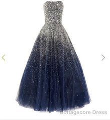 A Line Navy Blue Beading Tulle Prom Dresses