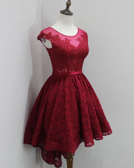 Burgundy High Low With Illusion Neckline Elegant Lace Strapless Rhinestones Prom Dresses