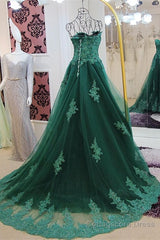 Sweetheart Long Lace Green Sweep Train Lace Up Prom Dresses