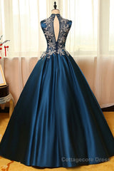 Blue Dreses Satins Lace Applique A Line Long Prom Dresses