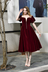 Puff Sleeve Ankle Length Velvet Deep V-Neck Vintage Prom Dresses