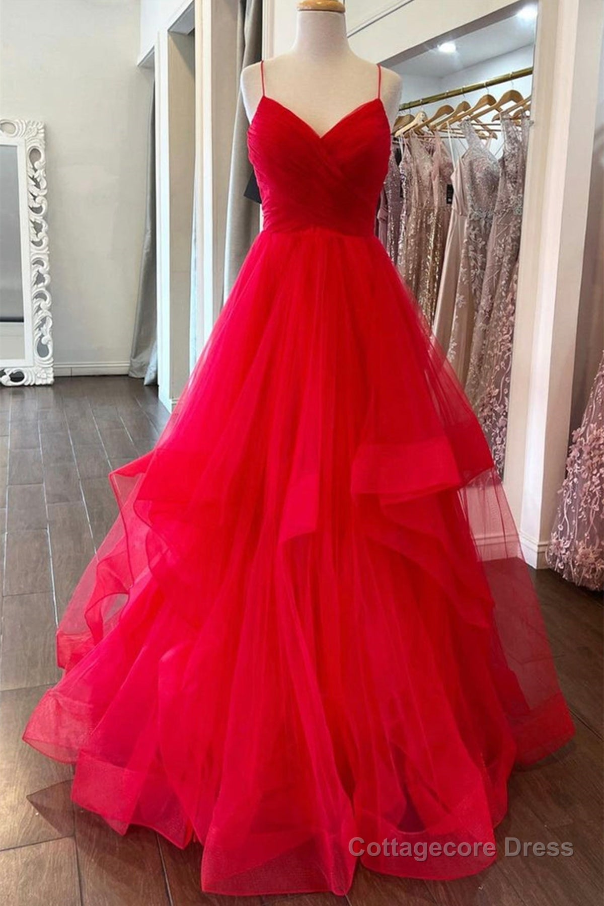 Puffy Red Tulle V Neck Long Prom Dresses, V Neck Red Formal Dresses, Red Evening Dresses