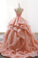 Puffy Tulle Long Prom Dress with Beading, A Line Sleeveless Party Gown