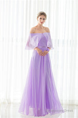 Purple Chiffon Off The Shoulder Long Bridesmaid Dresses