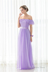 Purple Chiffon Off The Shoulder Long Bridesmaid Dresses