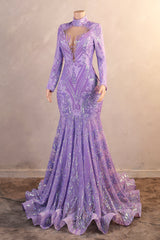 Purple Mermaid Prom Dresses Hight Neck Sequins Long Sleeve Evening Dresses