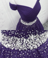 Purple Off Shoulder Knee Length Beaded Tulle Homecoming Dress, Sweetheart Short Prom Dress