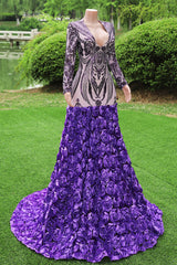 Purple Rose Prom Dresses Sequined V Neck Mermaid Evening Party Dresses Flowers Long Sleeves Pageant Gown