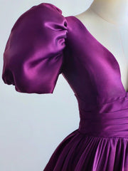 Purple Satin A-line Short Sleeves Long Formal Dress, Purple  Prom Dress