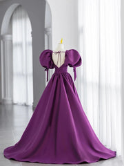 Purple Satin Puffy Sleeves Long Party Dress, Dark Purple Evening Dress