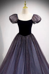 Purple Scoop Tulle Long A-Line Prom Dress, Lovely Short Sleeve Evening Dress