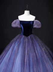 Purple Short Sleeves Tulle and Velvet Formal Dress, Purple Tulle Prom Dress