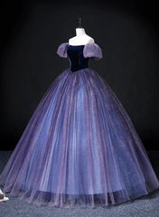 Purple Short Sleeves Tulle and Velvet Formal Dress, Purple Tulle Prom Dress