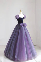 Purple Tulle Long Prom Dress with Velvet, Cute A-Line Short Sleeve Evening Dress