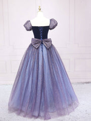 Purple Tulle Long Prom Dresses, Shiny Purple Tulle Formal Gown Sweet 16 Dress