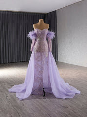 Purple Tulle Mermaid Sequins Prom Dress With Detachable Sleeve