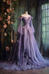 Purple Tulle Prom Dress One Shoulder Fairy Long Sleeve 3D Floral Appliques Evening Dress