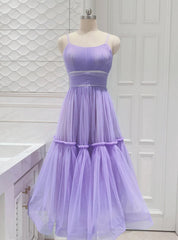 Purple Tulle Spaghetti Straps Pleat Prom Dress