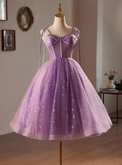 Purple Tulle Spaghetti Straps Tea Length Homecoming Dress