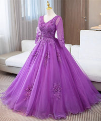 Purple Tulle with Lace Applique Long Sleeves Party Dress, Purple Tulle Prom Dress