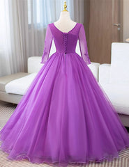 Purple Tulle with Lace Applique Long Sleeves Party Dress, Purple Tulle Prom Dress