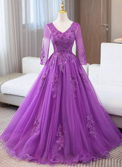 Purple Tulle with Lace Applique Long Sleeves Party Dress, Purple Tulle Prom Dress