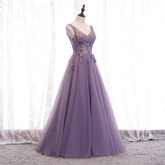 Purple V-neckline Tulle with Lace Floor Length Party Dress Evening Dress,Purple Prom Dress