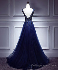 Dark Blue Lace V Neck Long Prom Dress, Lace Evening Dress