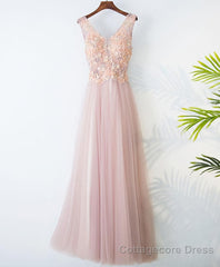 Pink V Neck Lace Long Prom Dress, Cheap Evening Dress